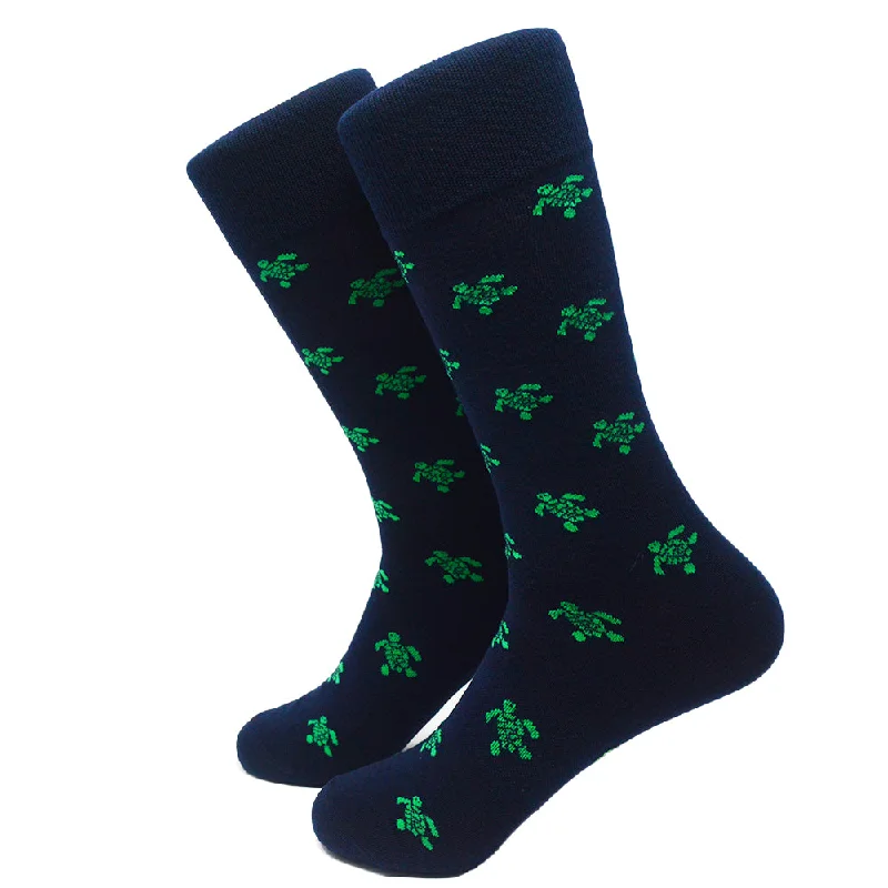 Turtle Socks - Men's Mid Calf - Green on Navy