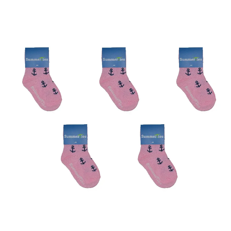 Anchor Socks - Toddler Crew Sock - Navy on Pink - 5 Pairs