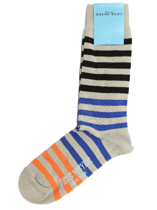 Gene Meyer Men Socks Beige Royal Blue Black Stripes Made In Italy SALE