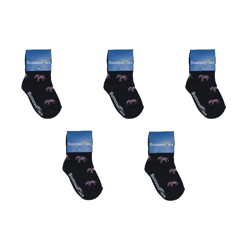 Elephant Socks - Toddler Crew Sock - Pink on Navy - 5 Pairs