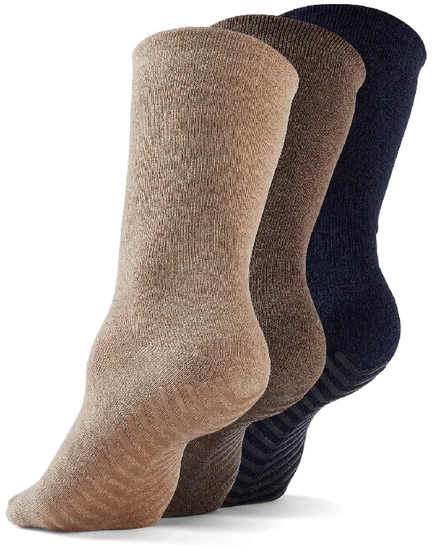 Gripjoy Socks Women's Original Crew Non-Slip Socks Navy/Brown/Tan (3 Pair Pack)