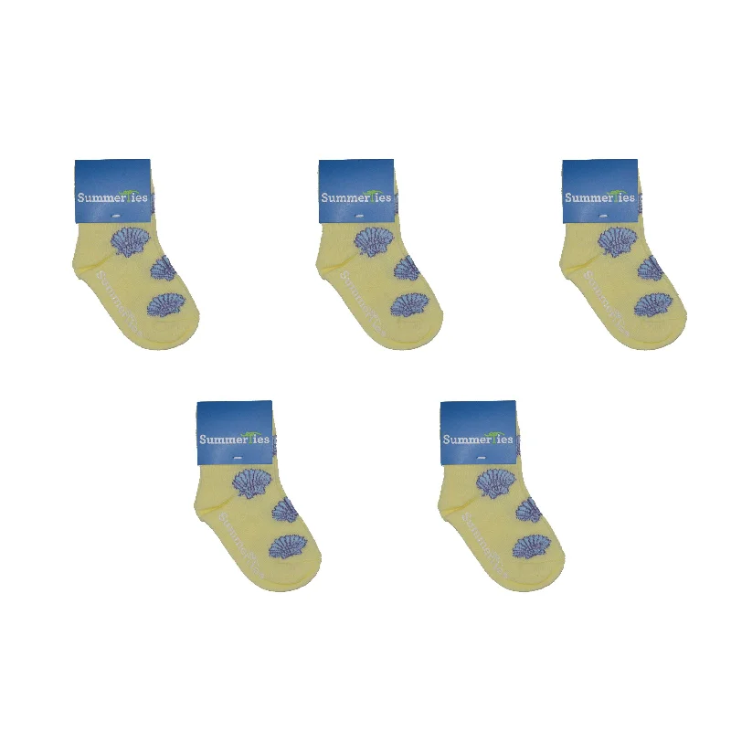 Sea Shell Socks - Toddler Crew Sock - Blue on Yellow - 5 Pairs