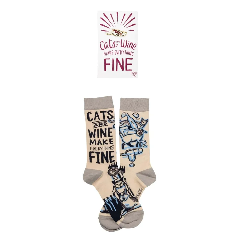 The Bullish Store Women's Cats And Wine Make Everything Fine Enamel Pin and Socks Gift Set Bundle