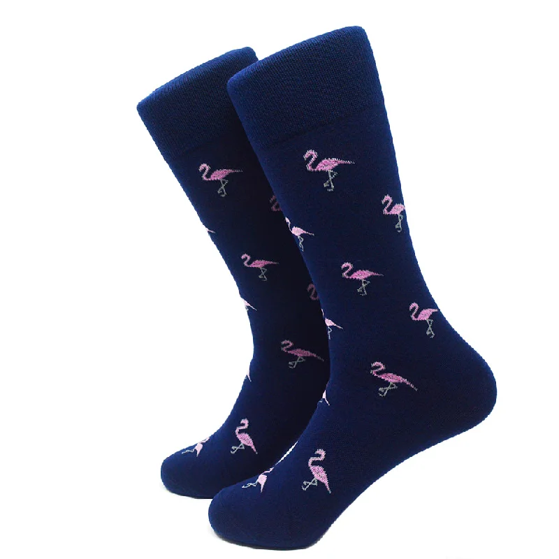 Flamingo Socks - Men's Mid Calf - Pink on Navy