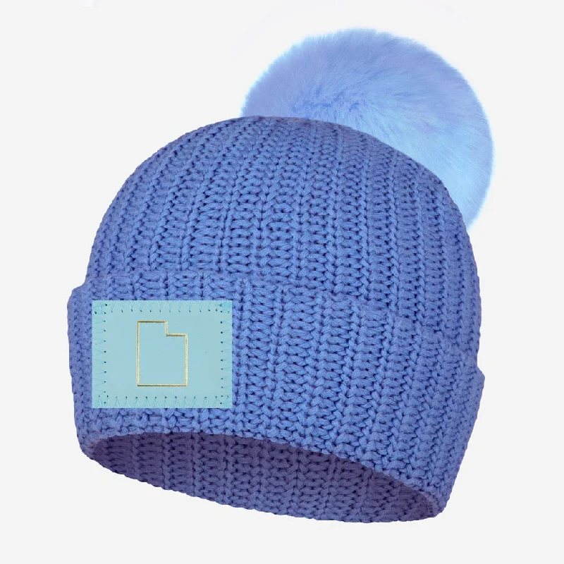 Utah Prarie Blue Gold Foil Pom Beanie