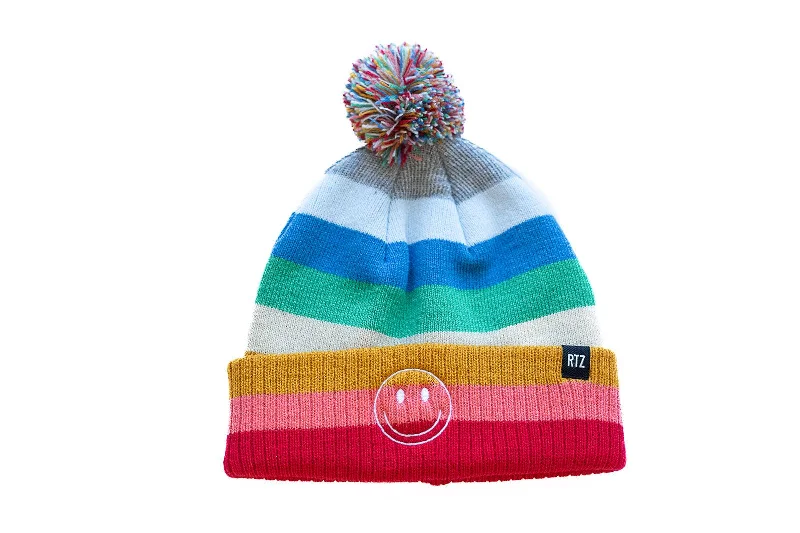 Bright Stripe Smiley Pom Pom Hat