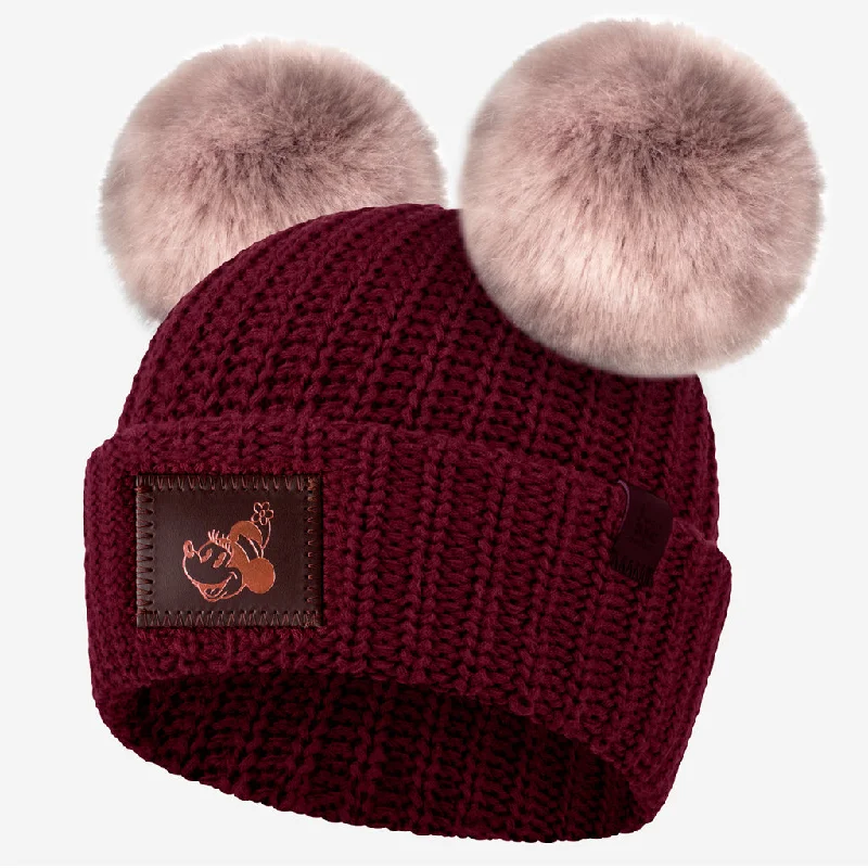 Disney's Minnie Mouse Burgundy Rose Foil Double Pom Beanie