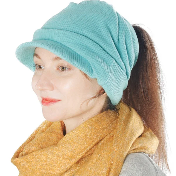 Women Messy Bun Ponytail Visor Beanie Hat BQ328